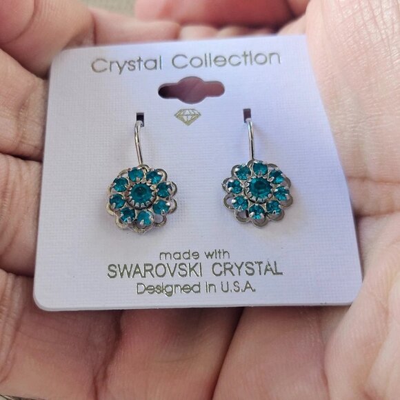 Crystal Collection Women Earrings Silver Turquoise Tone made With Swavoski Cryst - Picture 1 of 8